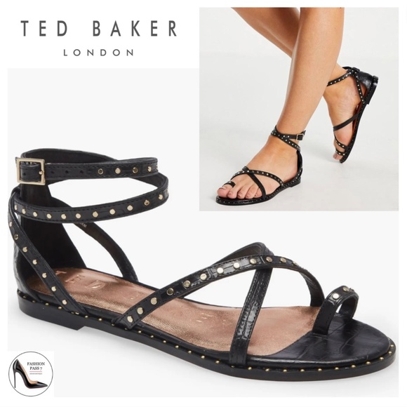 Ted Baker Shoes - Ted Baker Mathar Black Croc Leather Ankle Strap Studded Gladiator Sandals 9 39.5